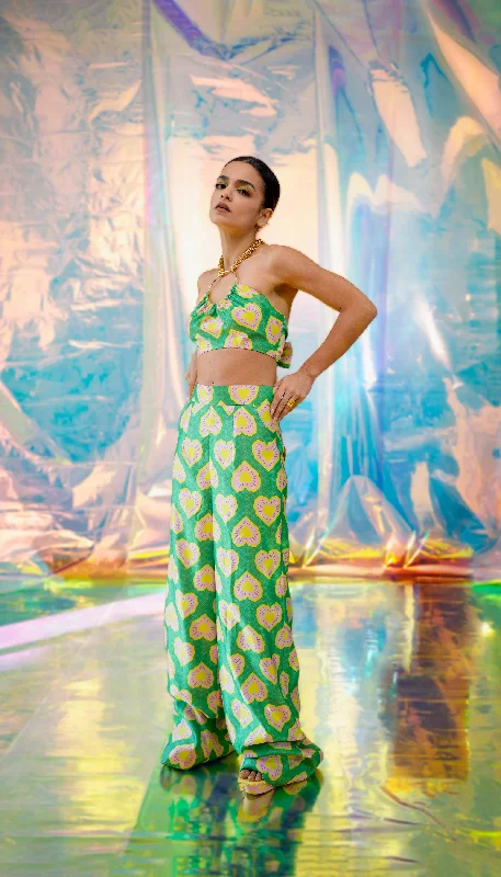 Green flared Pants in Blinding hearts Cozy Fitted Pants