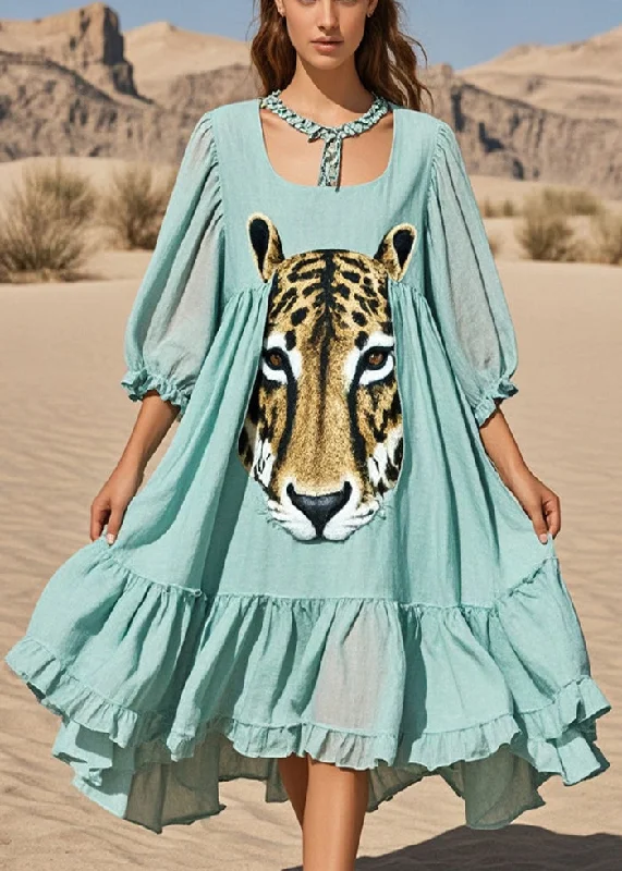 Bohemian Lake Green Oversized Print Cotton Long Dresses Summer