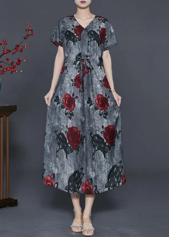 French Grey Cinched Floral Cotton Long Dress Summer
