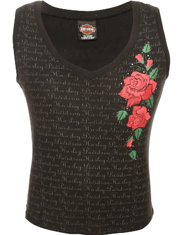 Black Harley Davidson Printed T-shirt - L Beaded Sequined Faux Fur
