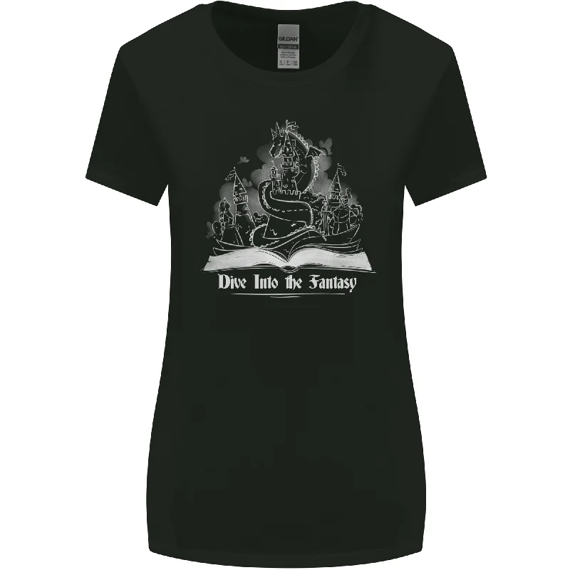 Dive into Fantasy Book Reading Bookworm Dragon Womens Wider Cut T-Shirt Mesh Canvas Denim