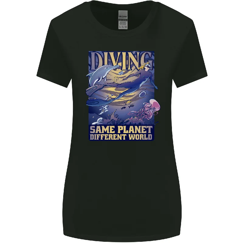 Diver Same Planet Different World Womens Wider Cut T-Shirt Beaded Sequined Faux Fur