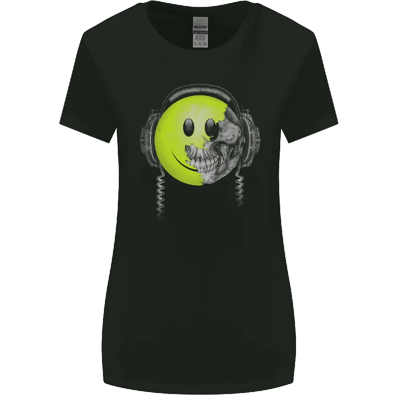 DJ Skull Dance Music DJing Skull Headphones Womens Wider Cut T-Shirt Polka Dot Checkered Tartan DJ Skull Dance Music DJing Skull Headphones Womens Wider Cut T-Shirt Polka Dot Checkered Tartan