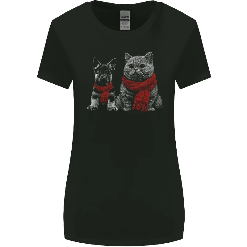Dog & Cat in Scarves German Shepherd Womens Wider Cut T-Shirt Handmade Hand-knitted Hand-woven Dog & Cat in Scarves German Shepherd Womens Wider Cut T-Shirt Handmade Hand-knitted Hand-woven