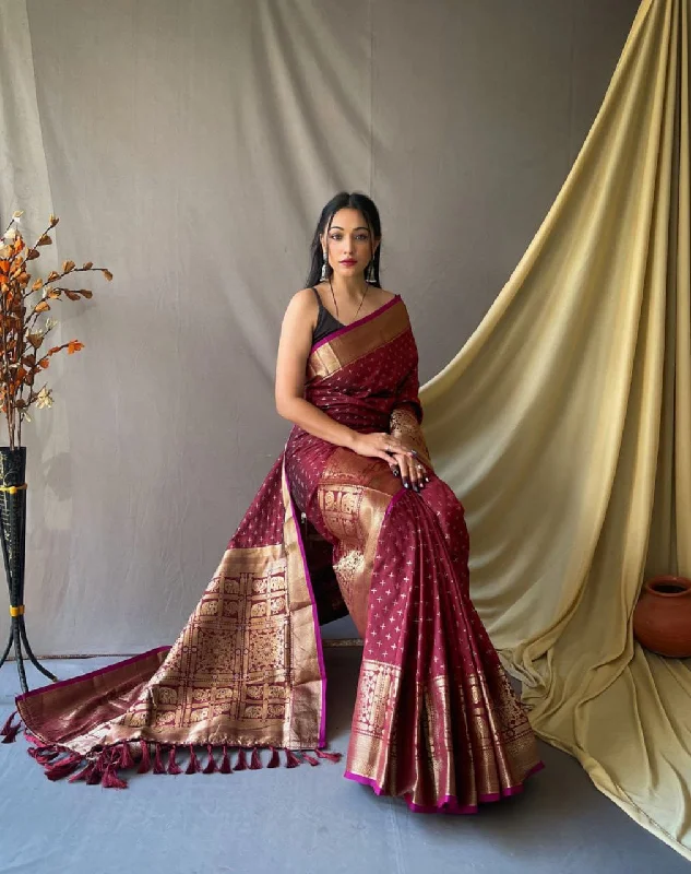 Women Party Wear Banarasi Silk Saree with Un Stitched Blouse Feminine Ruffle Blouse