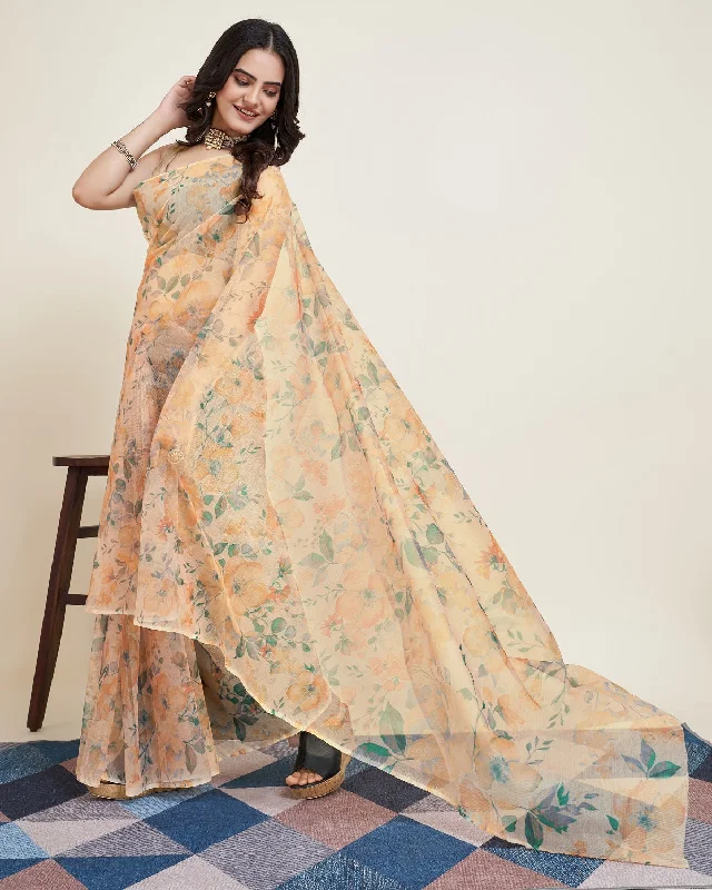 Women Party Wear Flower Printed Net Saree with Un Stitched Blouse Pleated Collar Blouse