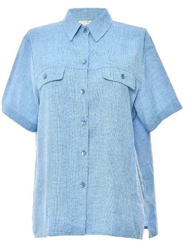 Button-Front Blue Blouse - M Versatile Layering Blouse