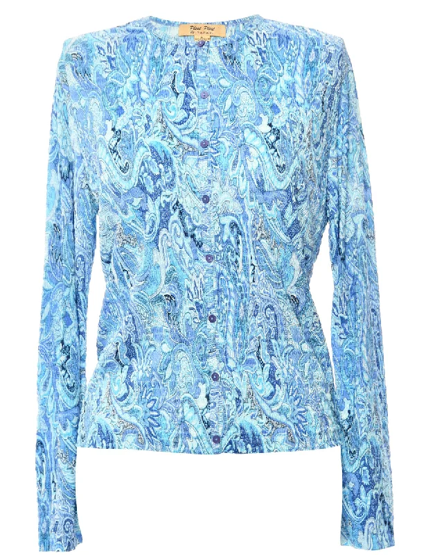 Button Front Blue Blouse - XL Satin Long Blouse