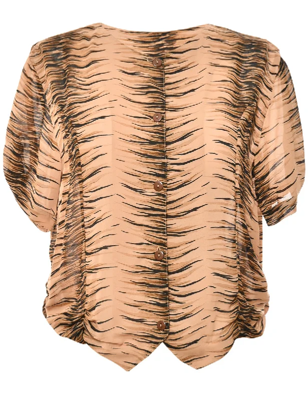 Button-Front Brown & Black Tiger Print Blouse - S Sleeveless Chiffon Blouse