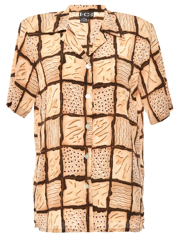 Button Front Brown Blouse - L Sheer Mesh Blouse
