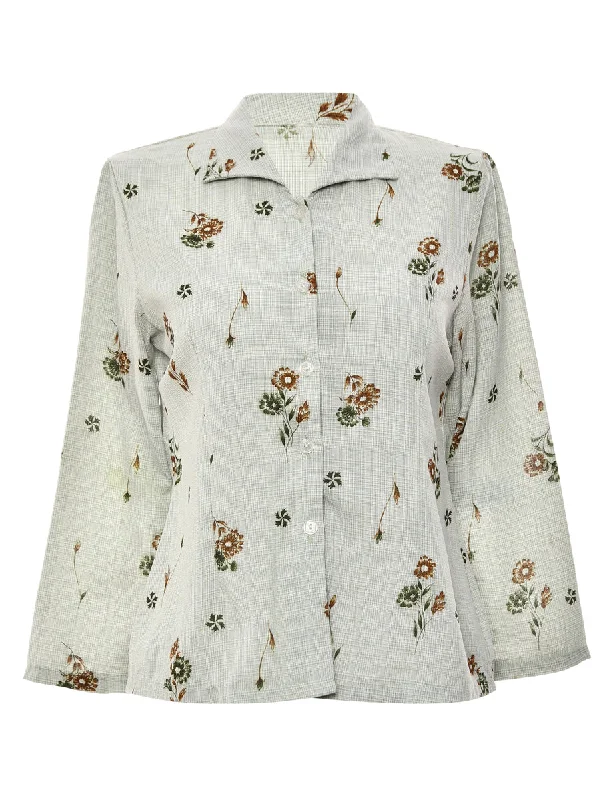 Button Front Grey Blouse - M Frilled Cuff Blouse