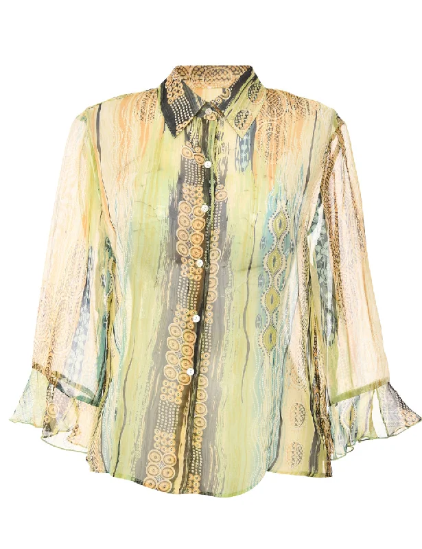 Button-Front Light Green Sheer Blouse - L Gathered Detail Blouse