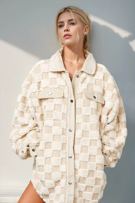 Double Take Button Up Fuzzy Checkered Shacket Bell Sleeve Blouse