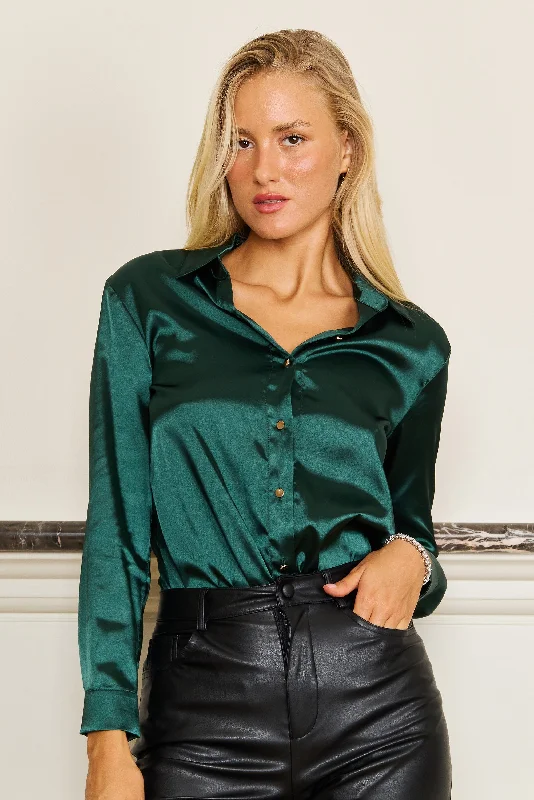 Dylan & Davids Formal Satin Long Sleeve Button Down Blouse Top Emerald Classic Striped Blouse