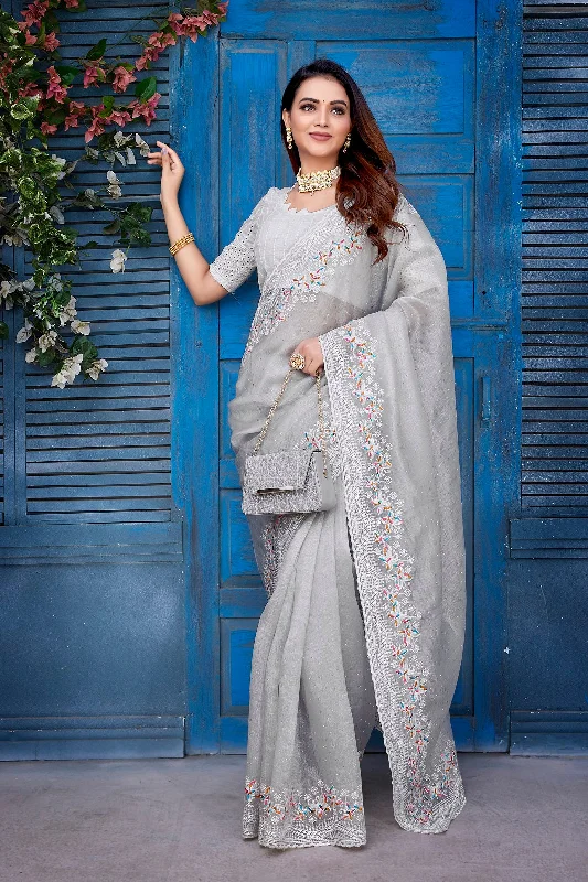 Women Party Wear Jimichu Silk Saree With Un Stitched Blouse Drape Neck Blouse