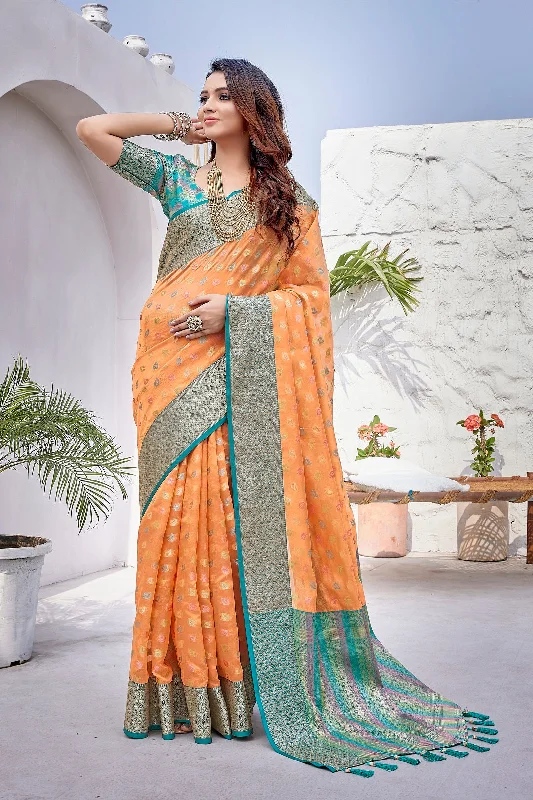 Women Party Wear Weaving Work Zarna Silk Saree With Un Stitched Blouse Embellished Collar Blouse