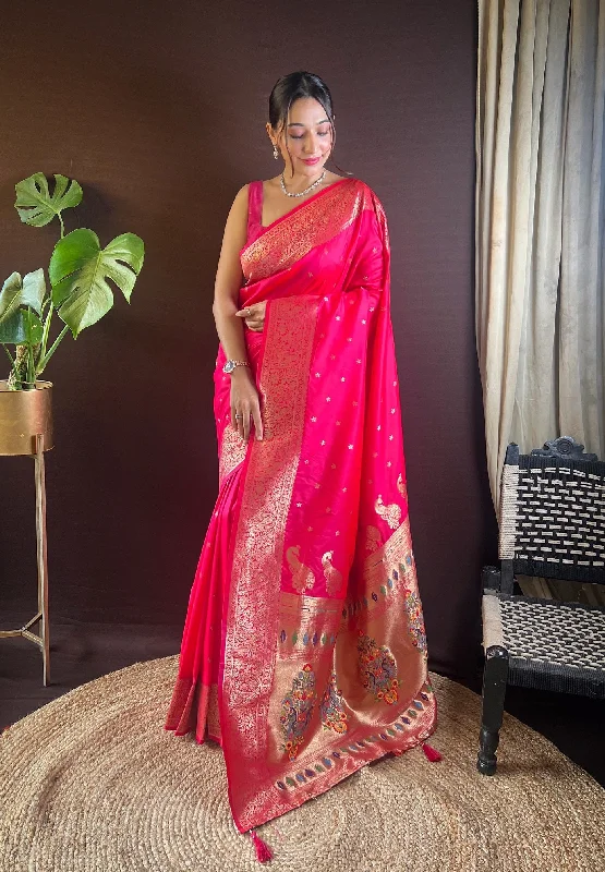 Women Party Wear Jari Weaving Paithani Silk Saree With Un Stitched Blouse Lightweight Chiffon Blouse