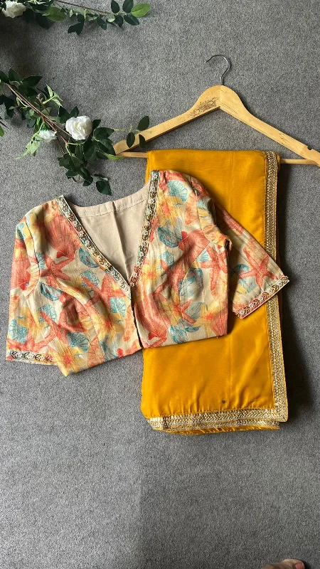Mango yellow soft organza saree with hand worked blouse Flowy Bohemian Blouse