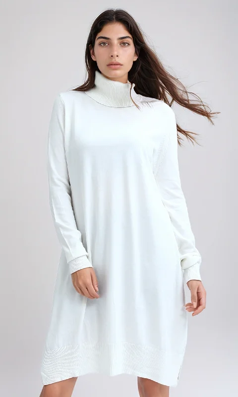 O201303 Long Knitted Turtle Neck Solid Blouse - White Relaxed Fit Blouse