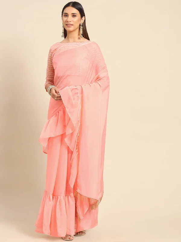 Women Party Wear Ruffle Pattern Plain Organza Saree with Un Stitched Blouse Puff Sleeve Blouse