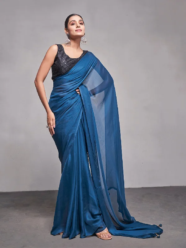 Women Party Wear Plain Saree with Designer Un Stitched Blouse Romantic Lace Blouse