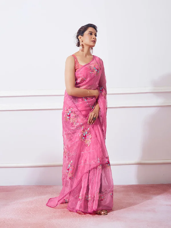 Women Party Wear Embroidery Worked Saree with Designer Un Stitched Blouse Modern Oversized Blouse