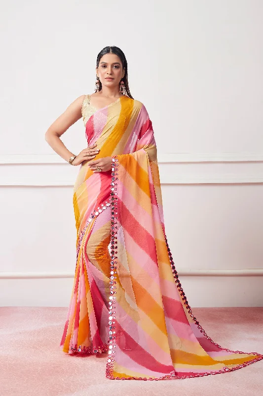 Women Party Wear Leheriya Print Saree with Designer Un Stitched Blouse Feminine Pastel Blouse