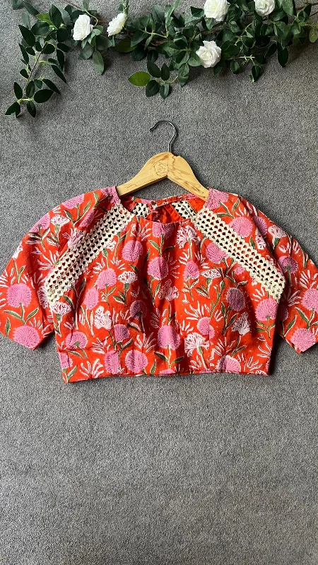 Orange cotton hand printed blouse Modern Oversized Blouse
