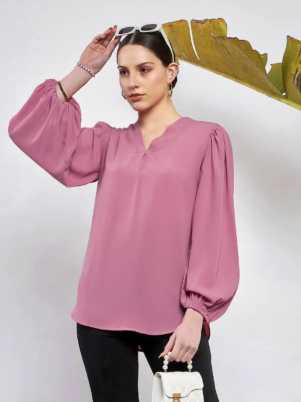 Women Pink Puff Sleeves V-Neck Blouse Side Tie Blouse