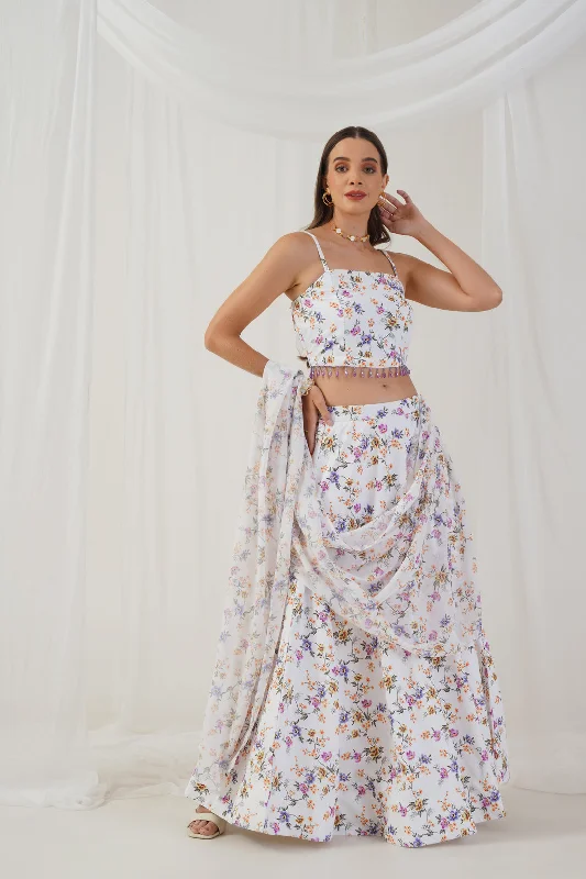 White Printed Beads & Stones Ready To Wear Lehenga & Blouse With Dupatta Backless Summer Blouse