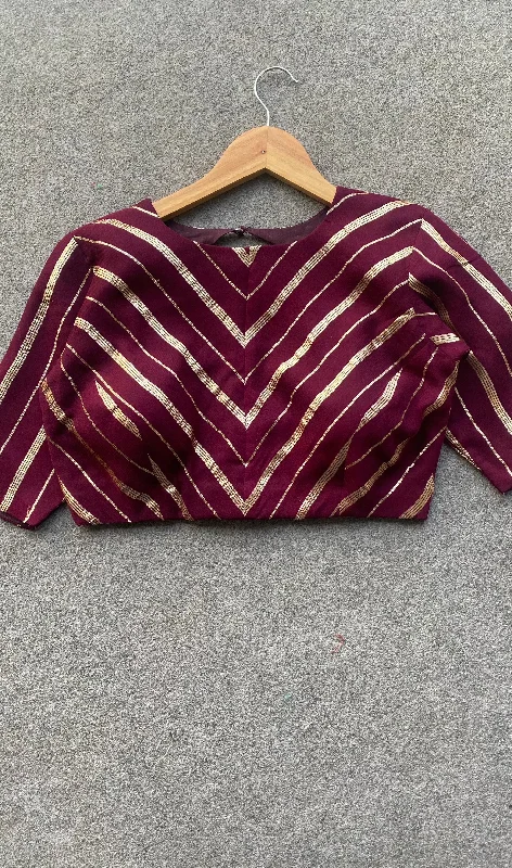 Wine georgette banarasi golden striped blouse Collared Satin Blouse