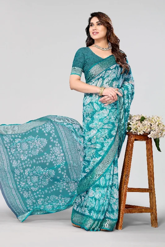 Women Party Wear Printed Chiffon Silk Saree With Un Stitched Blouse Mandarin Collar Blouse