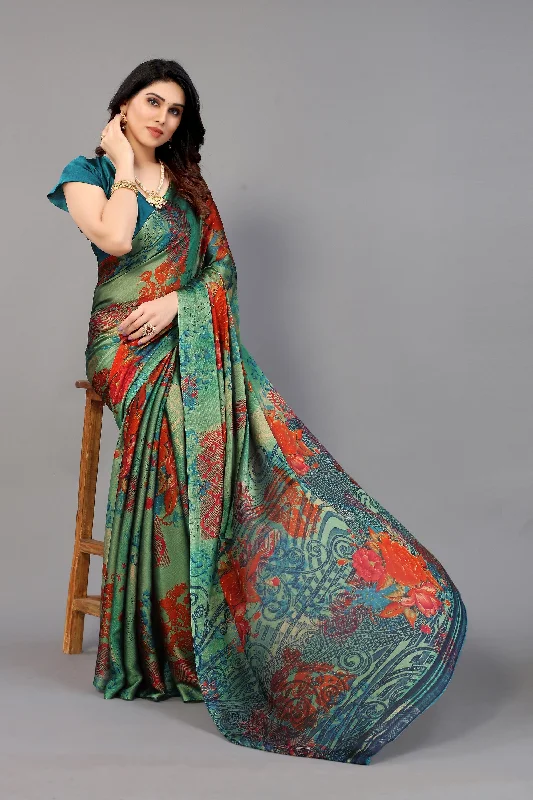 Women Party Wear Printed Chiffon Silk Saree With Un Stitched Blouse Playful Puff Blouse
