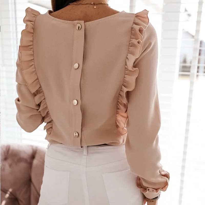 Women Ruffles Buttons OL Blouse O-Neck Long Sleeve Solid Tops Delicate Pleat Blouse