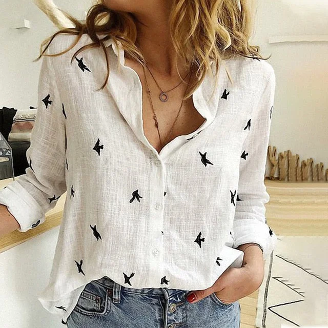 Women's Birds Print Shirts Blouses Cotton Linen Long Sleeve Frilled Cuff Blouse