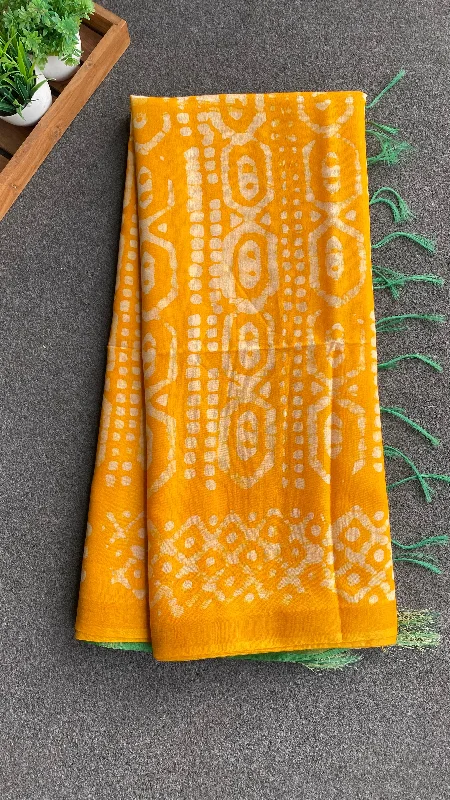 Yellow & green printed cotton saree with blouse Romantic Lace Blouse