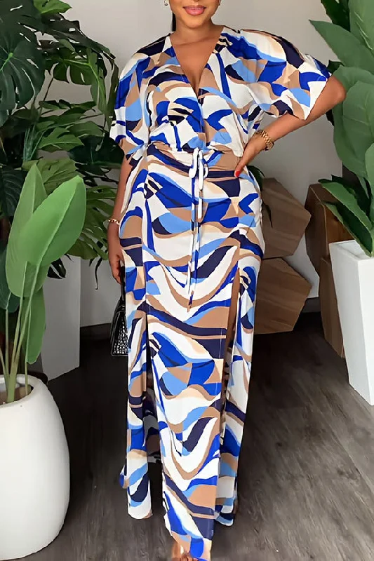 Abstract Print Modern Lace-Up High Split Maxi Dress Trendy Maxi Dress with Belt