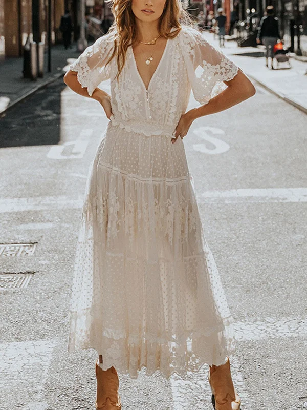 Chiffon Lace Short Sleeve Boho V Neck Maxi Dress Comfortable Pleated Maxi Dress