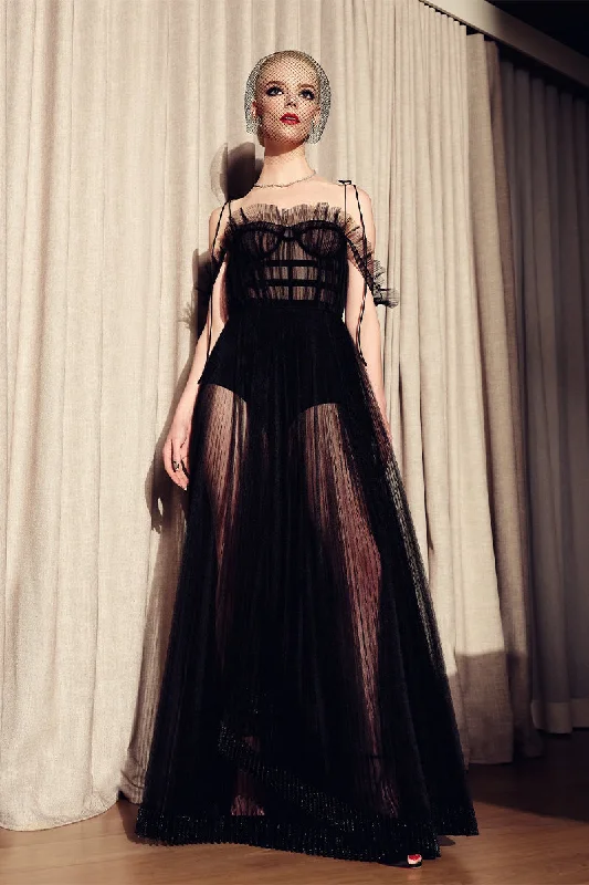 Christian Black Sheer Evening Maxi Dress Classic Tulle Maxi Dress