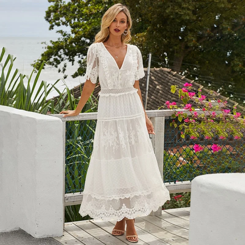Elegant Hollow Out White Dress Women Long Lace Dress Cross Semi-Sheer Plunge V-Neck Short Sleeve Maxi Dress Princess Vestidos Chic Boho Print Maxi Dress Elegant Hollow Out White Dress Women Long Lace Dress Cross Semi-Sheer Plunge V-Neck Short Sleeve Maxi Dress Princess Vestidos Chic Boho Print Maxi Dress