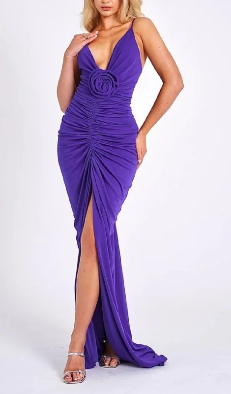 FLOWER-EMBELLISHED  PLUNGE MAXI DRESS IN AMETHYST Stylish Longline Maxi Dress