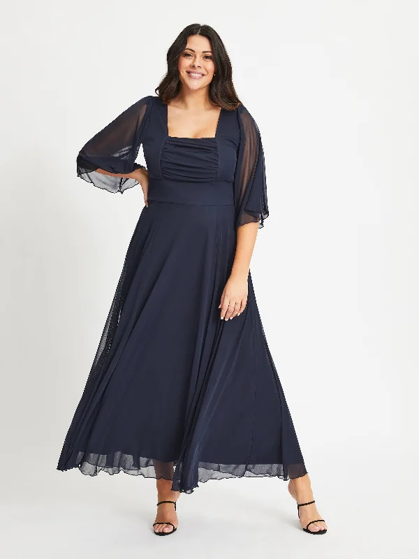 Genie Navy Ruched Bodice Maxi Dress Cozy Open-Back Maxi Dress