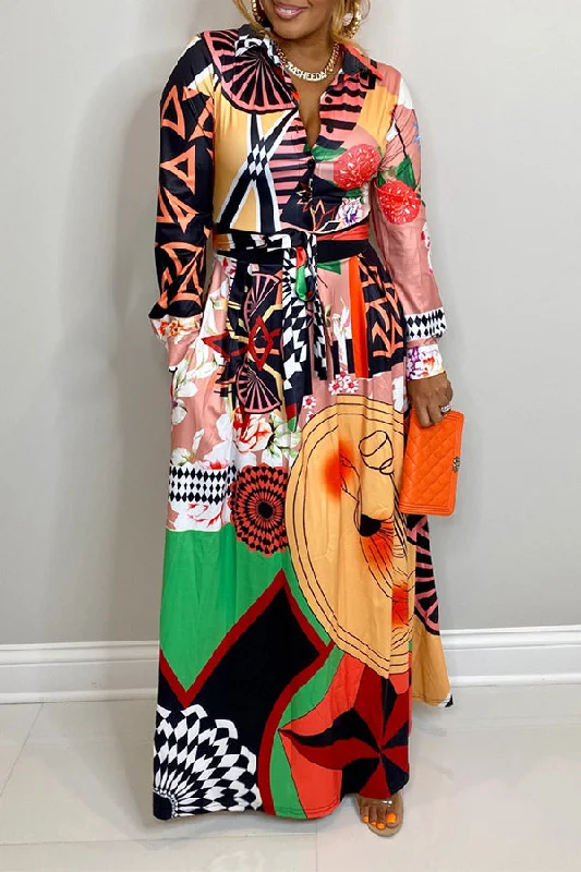 Graphic Print Retro Single Breasted Maxi Dress Cozy Knitted Maxi Dress