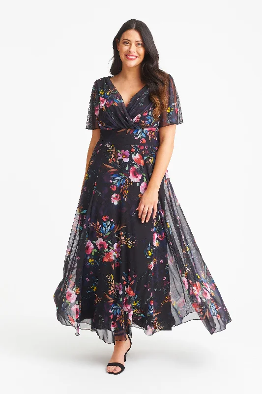 Isabelle Black Pink Multi Print Float Sleeve Maxi Dress Cozy Ribbed Maxi Dress