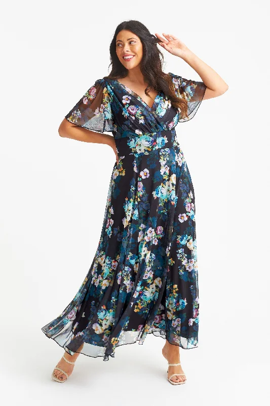 Isabelle Black Teal Multi Float Sleeve Maxi Dress Fashionable Maxi Dress with Fringe Isabelle Black Teal Multi Float Sleeve Maxi Dress Fashionable Maxi Dress with Fringe