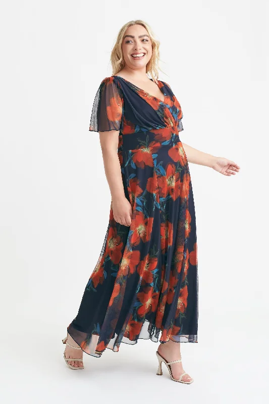 Isabelle Navy Orange Print Float Sleeve Maxi Dress Comfortable Casual Maxi Dress