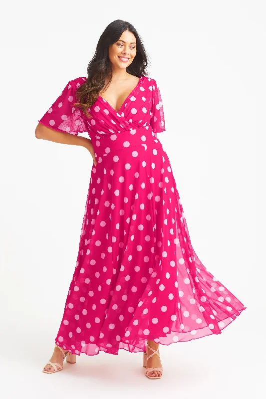 Isabelle Pink Lollidot Print Float Sleeve Maxi Dress Comfortable Flowy Maxi Dress