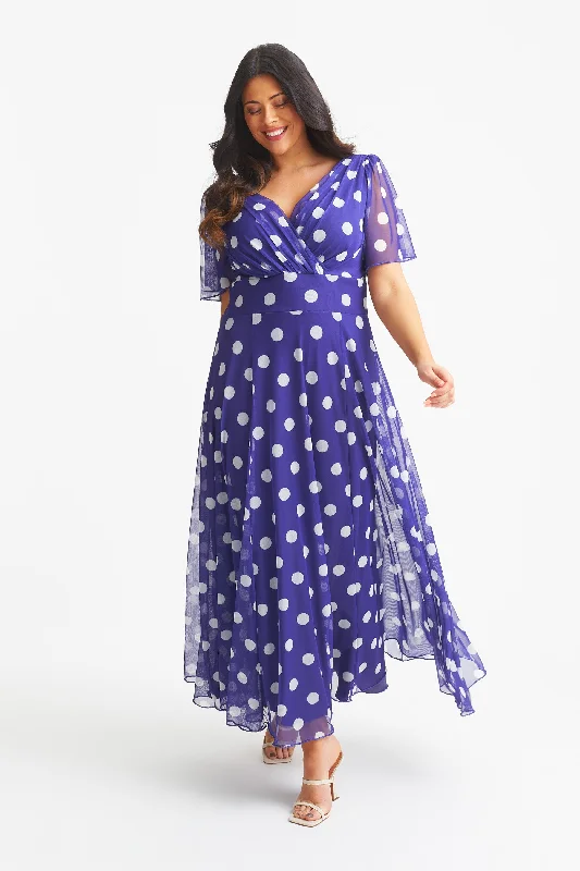 Isabelle Purple Lollidot Print Float Sleeve Maxi Dress Elegant Silk Maxi Dress