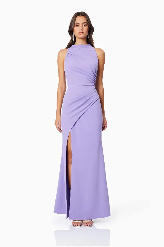 Jade High Neckline Fitted Maxi Dress In Purple Stylish Boho Chic Maxi Dress