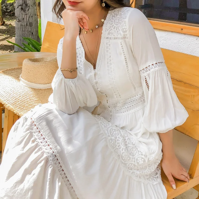 Jastie 2022 Spring Summer Dress Women Cotton Patchwork Lace Dresses V-Neck Lantern Sleeve Maxi Dress Beach Long Female Vestidos Fashionable Layered Maxi Dress Jastie 2022 Spring Summer Dress Women Cotton Patchwork Lace Dresses V-Neck Lantern Sleeve Maxi Dress Beach Long Female Vestidos Fashionable Layered Maxi Dress